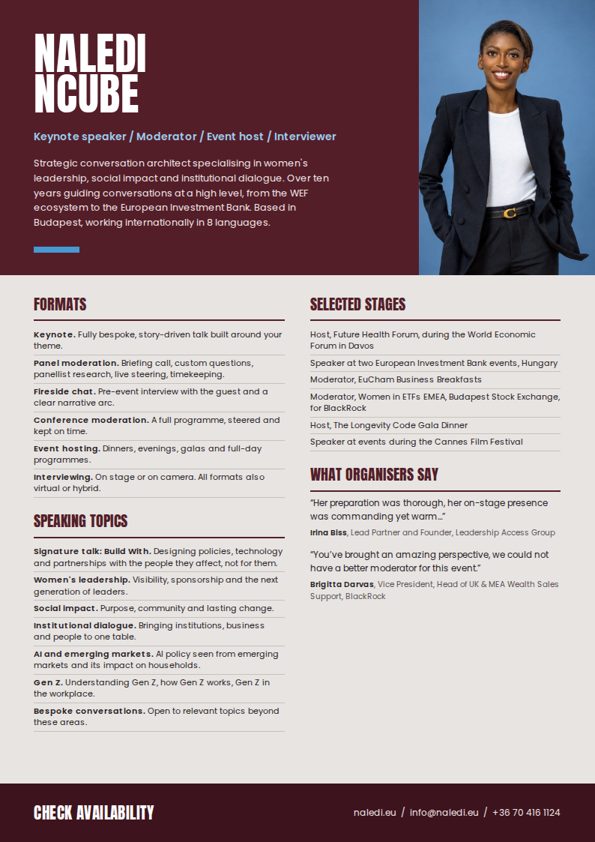 Preview of Naledi Ncube’s speaker one-sheet